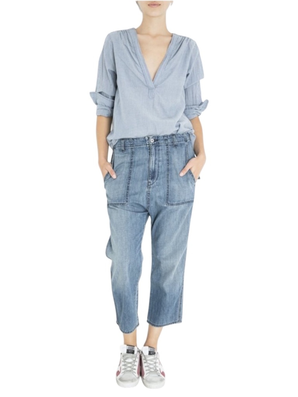 Sz 26 Nili Lotan Luna Cotton Denim Drop Crotch Slouchy Crop Lightweight Jean